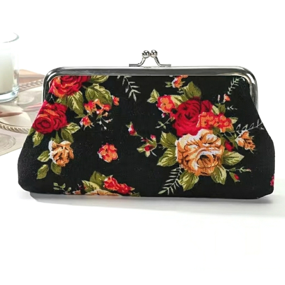 Black Canvas Flower Print Wallet/Coin Purse, NWOT